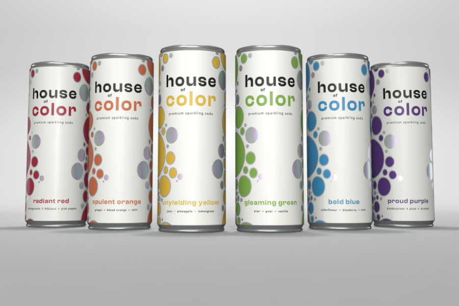 3D mockup of six soda can designs.